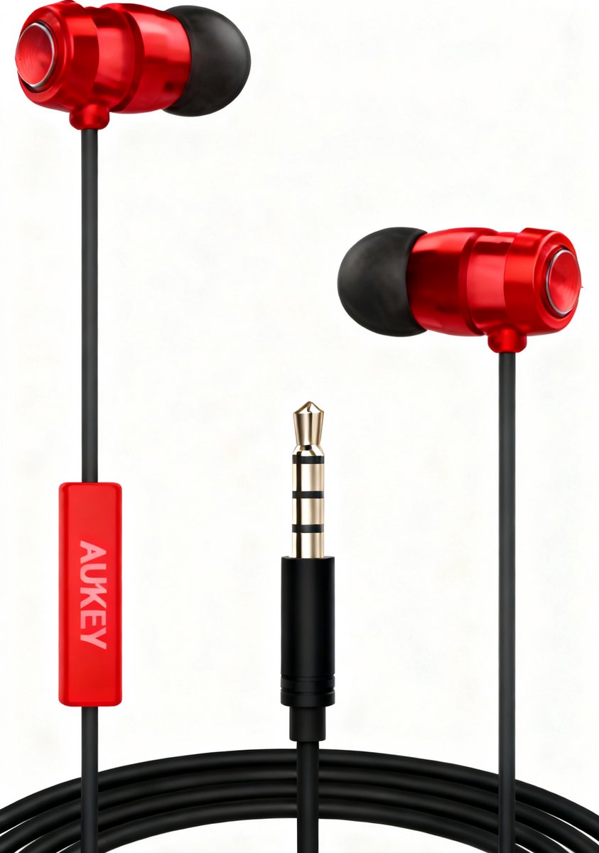 Aukey EP-C2 Pro In-Ear Headphones In-Ear oordopjes Rood+ Type-C Audio Adapter