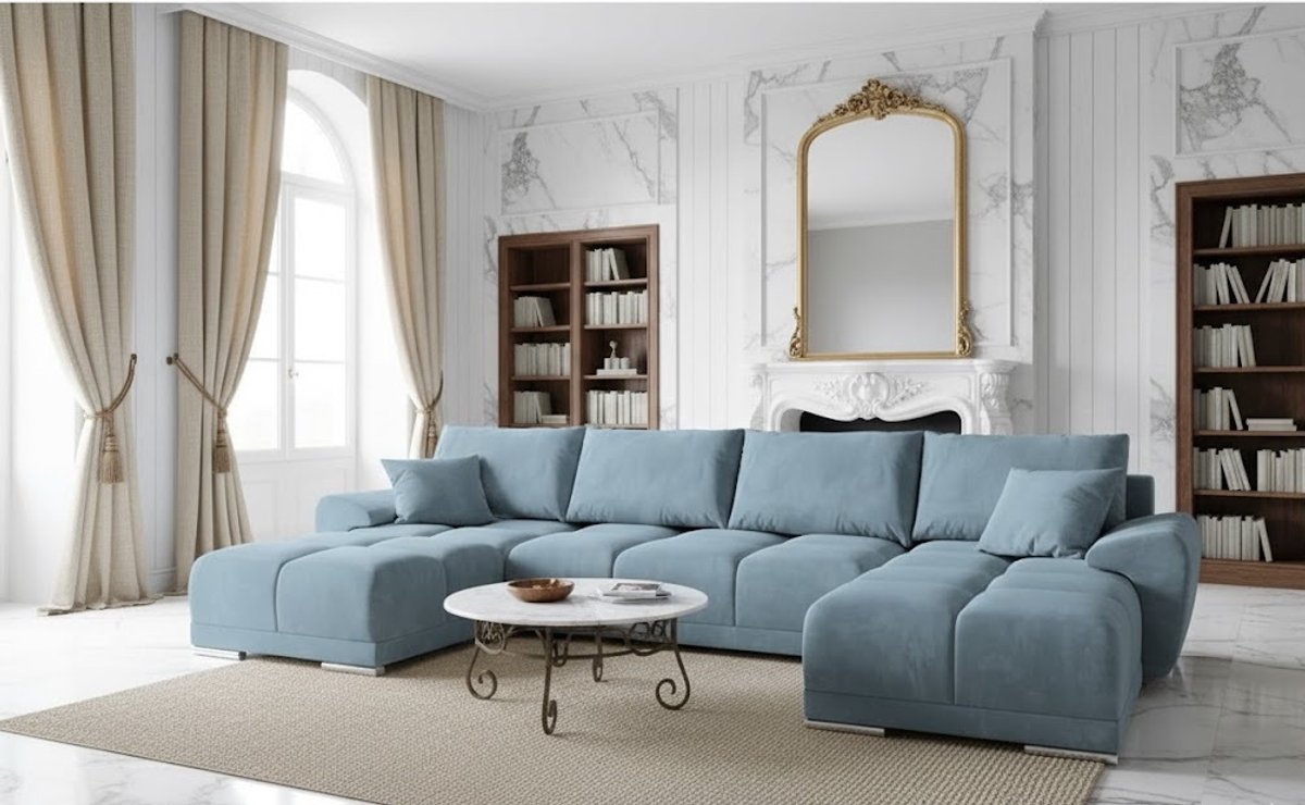 U-vorm Hoekbank met Slaapfunctie en Opbergruimte 365x189 cm – Luxe Fluwelen Slaapbank met Kussens & Uittrekbare Bedfunctie – Comfortabele Hoekbank in Marineblauw Design – Premium U-hoekbank voor Woonkamer – Ganeey
