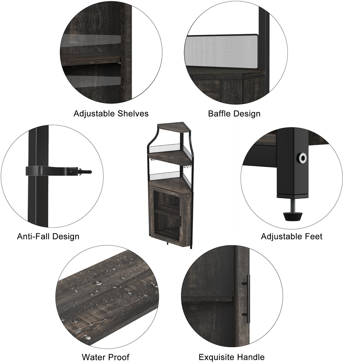 Brisakys - Hoekbarkast - Wijnkast - Industrieel - Metaal - Gaasdeuren - Verstelbare Plank - Anti-Kantelset - 45x45x150cm - eikenkleur – foto 7