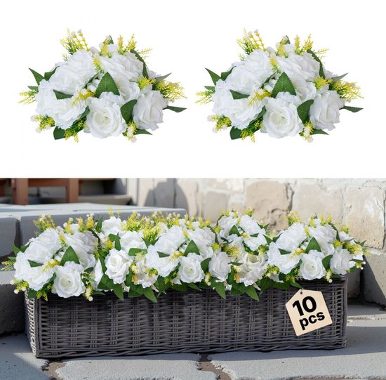 Kunstbloemen - Set van 10 Bloemenballen - Boeket van Kunstrozen - Tafeldecoratie Tafelstuk - Afmeting 24 x 24 x 12 cm - Voor Bruiloft & Thuis - Wit
