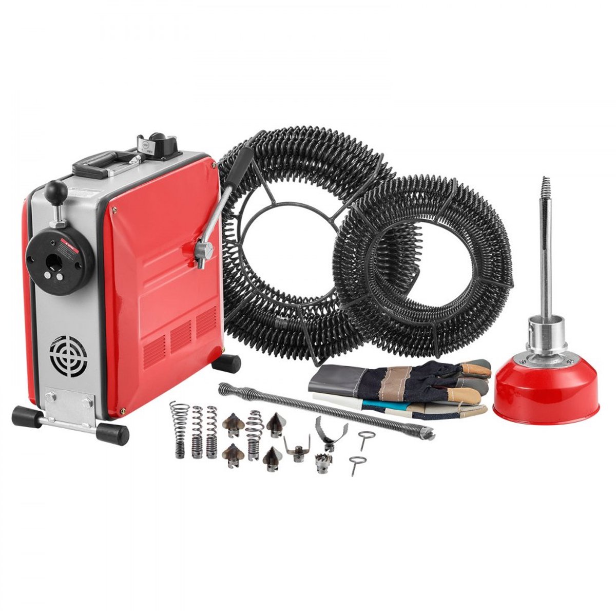 Elektrische afvoerontstopper - Rioolreinigingsmachine - Vermogen 850 W - Kabels 14,5 m/16mm, 14 m/22mm, 5 m/9,5mm - Flexveer 0,4 m/12mm - Snijmessen (11x) - Voor buizen Ø50–200 mm