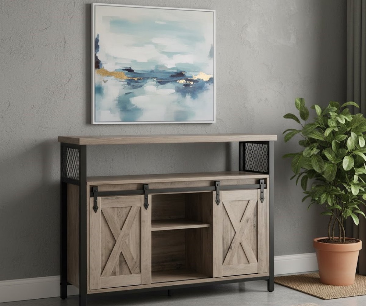 Dressoir met schuifdeuren – HomeByNicole Landelijk Opbergkast met verstelbare planken – Keukenkast, Halkast of TV-meubel – Industrieel Design – 100 x 33 x 80 cm – Greige-Zwart – Robuuste Kast voor Woonkamer, Slaapkamer of Kantoor