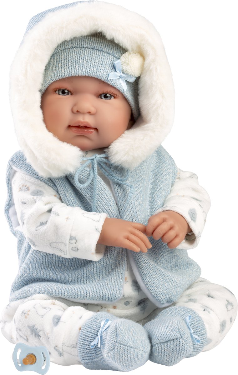 Llorens babypop met geluid blauw witte kleding en speen 44 cm