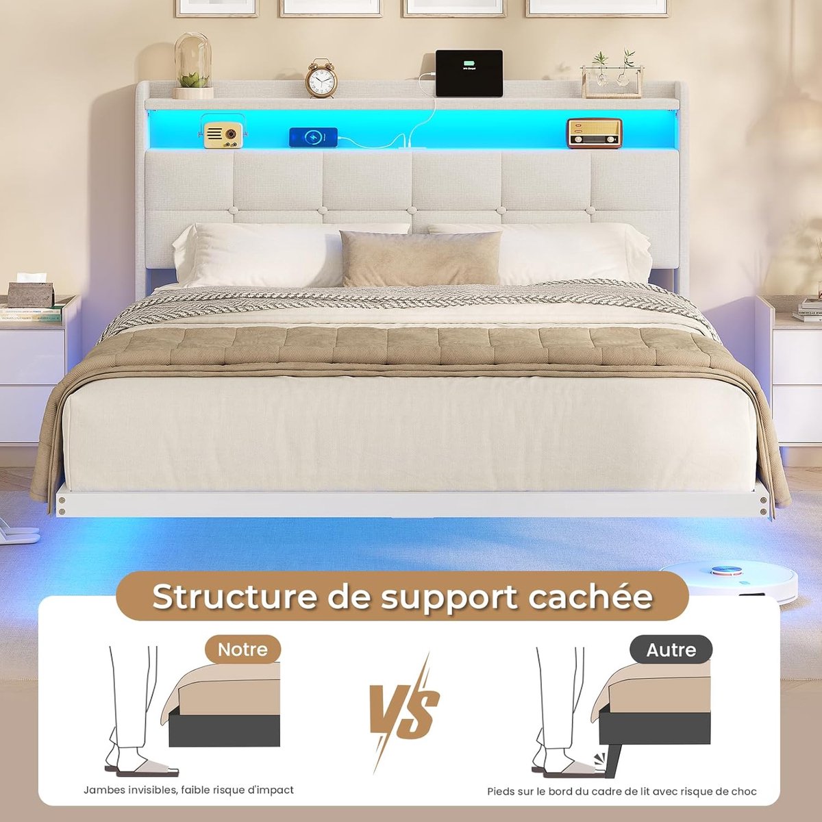 Gestoffeerd Zwevend Bed met LED Verlichting 140x200 cm - Beige - Medahomestore