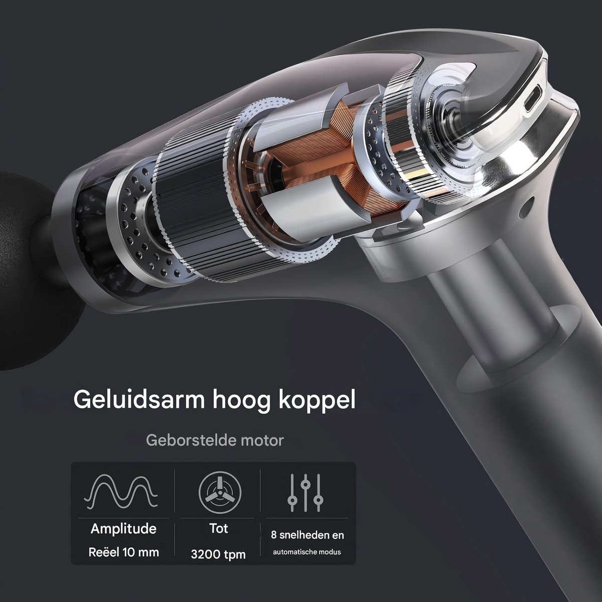 Spier massager pistool – percussie, 8 niveaus, verlengde handgreep,timer 15 min – diepe weefselontspanning – compact en krachtig – foto 3