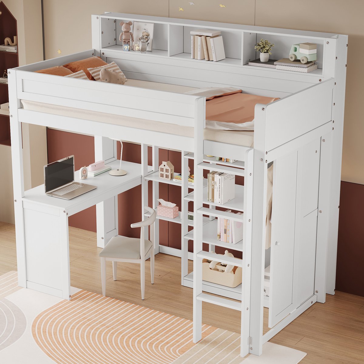 OKWISH Kinderstapelbed - 90x200 - Hoogslaper Met Bureau En Kleiderschrank - Vierzijdig Hek En Multifunctioneel - Hout - Wit