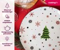 Wit bord met kerstboom, sneeuwvlokken in rood, zwart en groen. Tekst: Sfeervol kerstdesign.