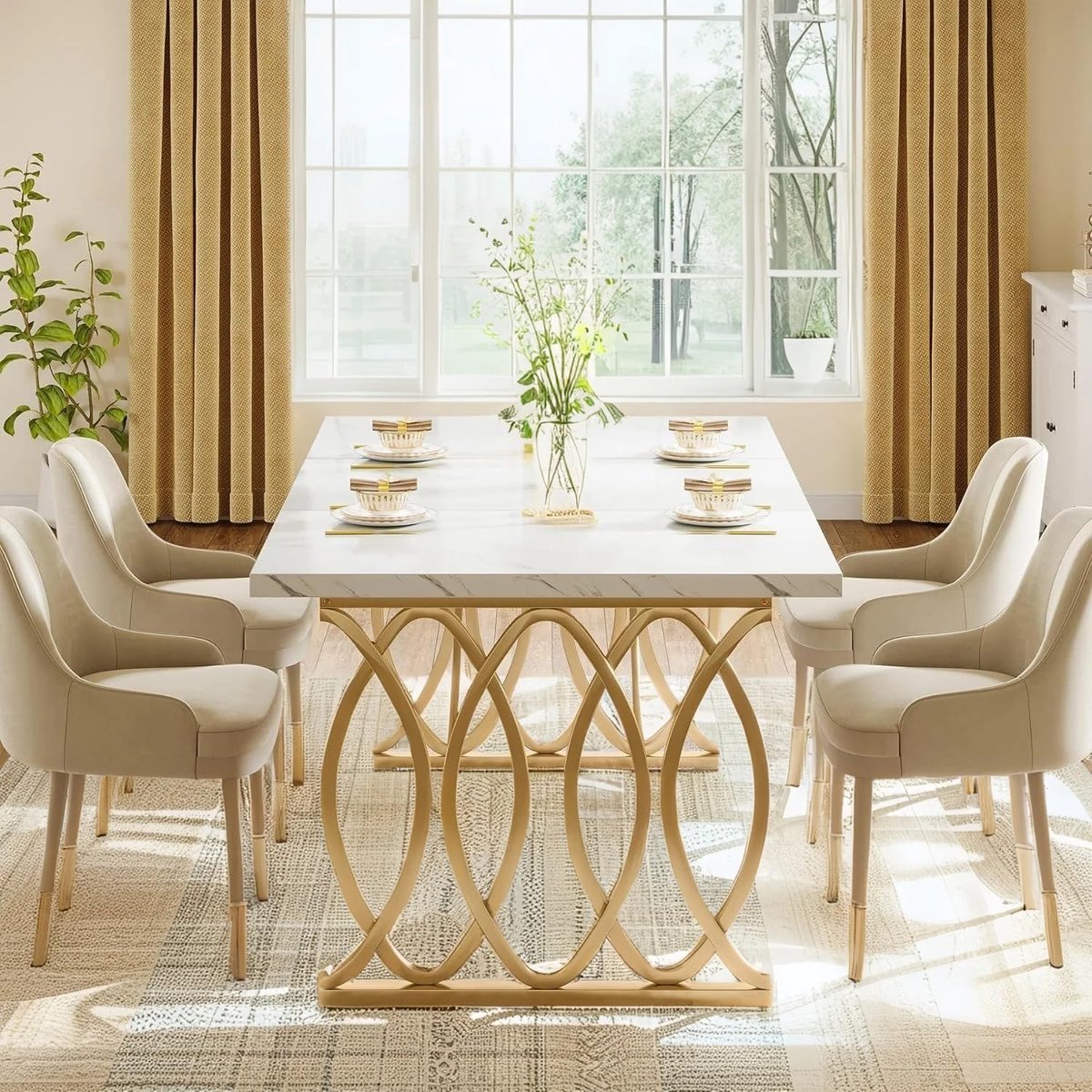 Eettafel 6 Personen - Moderne Rechthoekige Eettafel Wit Goud 160x80x75 cm - Luxe Keukentafel met Kunstmarmer Tafelblad & Gouden Frame - Design Eettafel voor Eetkamer & Keuken - HomeByNicole
