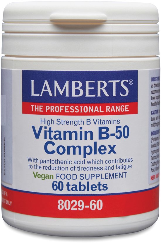 Wit Lamberts vitamine B-50 complex potje met blauwe en rode etiketten. Bevat 60 tabletten.