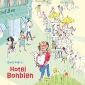 Een vrolijke tekening van de voorkant van Hotel Bonbien, met mensen buiten.