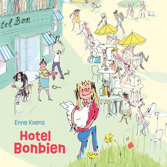 Een vrolijke tekening van de voorkant van Hotel Bonbien, met mensen buiten.