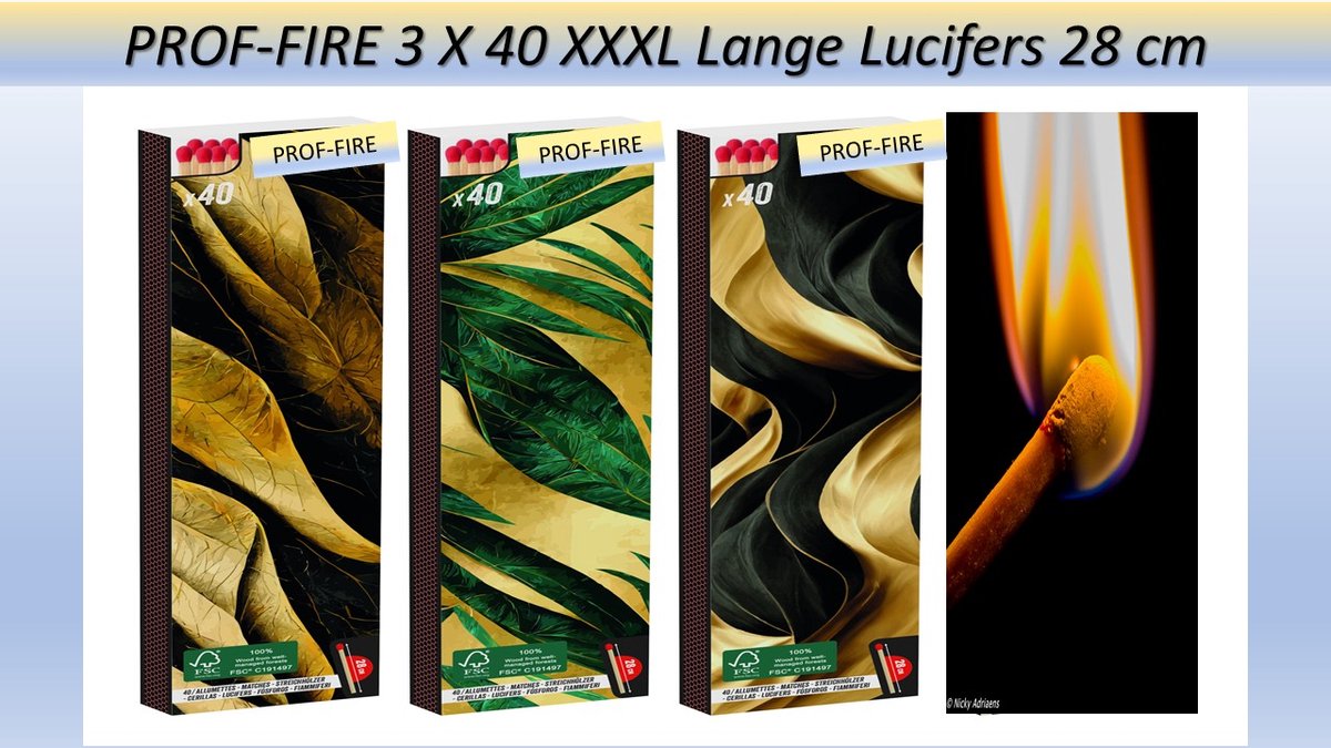 Prof-Fire | Extra 28 cm Lange Lucifers - XXXL - 3 X 40 stuks (120 stuks) - Topper!! - Ideaal voor BBQ - Kaarsen - Kachel - Open Haard - Cadeau - Geschenk - Vuurwerk