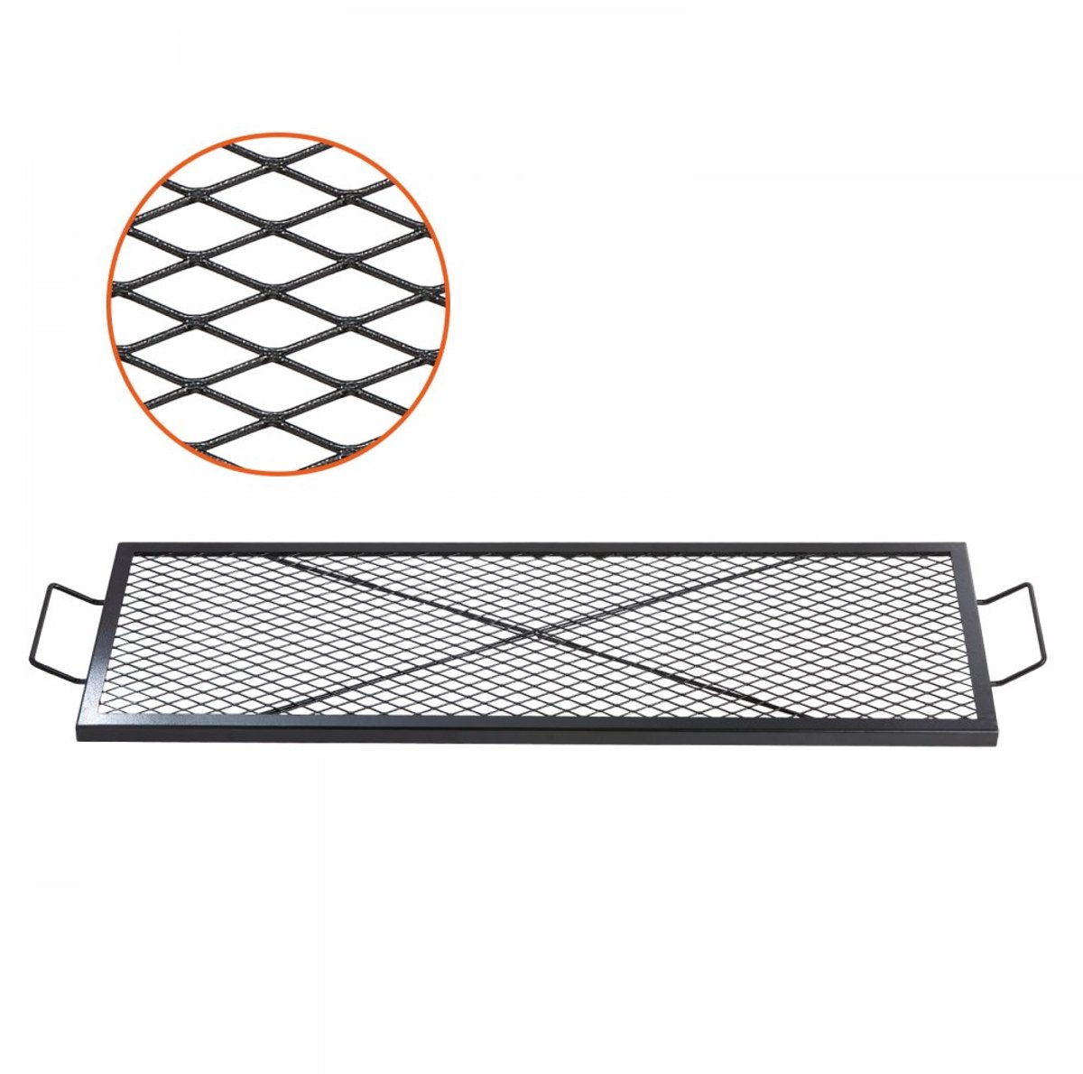 Grillrooster voor Vuurkorf & BBQ - Rechthoekig X-Marks - Staal - 1110 x 380 x 25 mm - Met Handvat - Draagbaar - Zwart