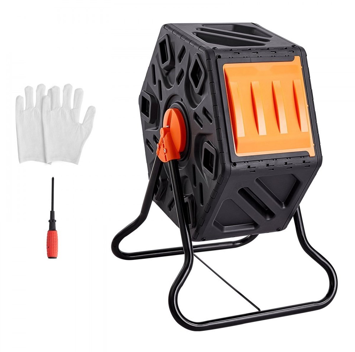 Compostbak/Compostvat - Trommelcomposter - 70 L Inhoud - 360° Draaibaar - 60,5 x 51 x 73 cm - Draagvermogen 20 kg - Inclusief handschoenen