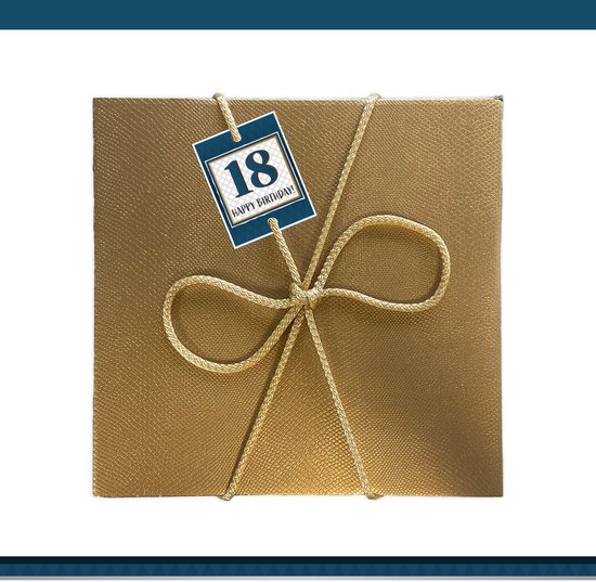 Goudkleurig geschenk met touw en een '18 Happy Birthday!' kaartje.
