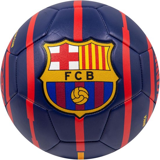 Donkerblauwe voetbal met rode strepen en het FC Barcelona-logo.