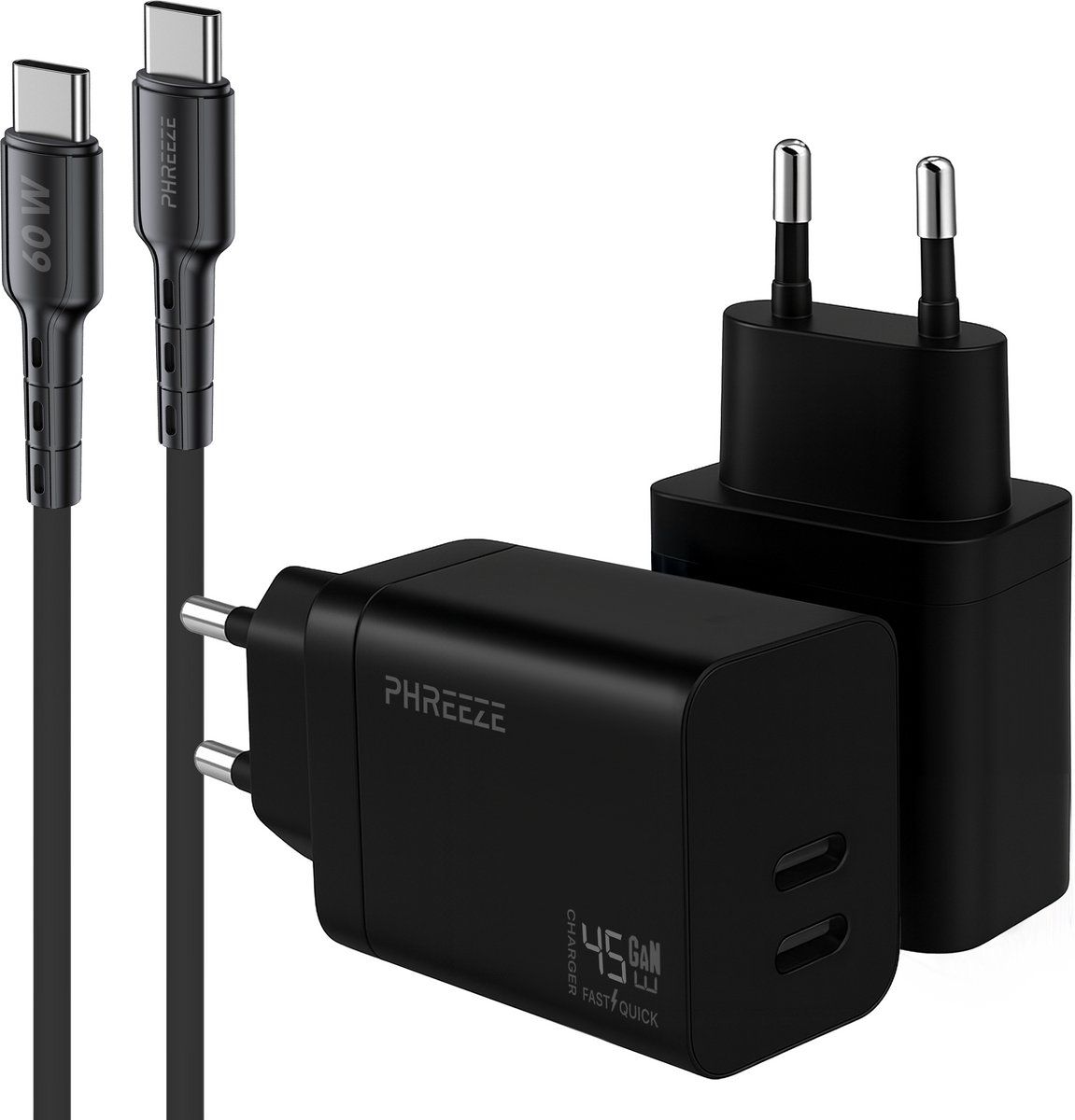 Phreeze dual port usb C adapter 45 W - Power Delivery snellader met usb C kabel 1m