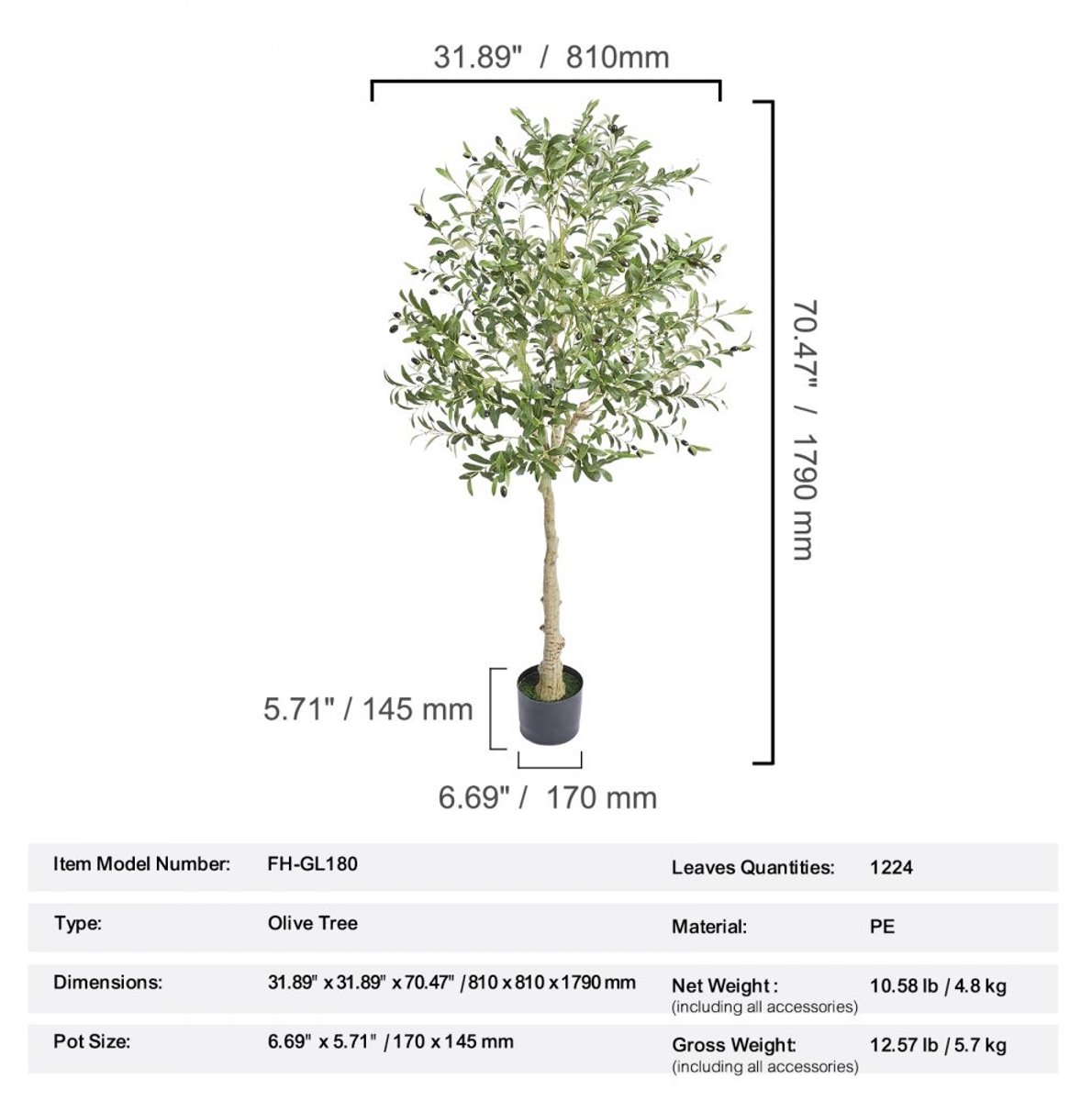 Olijfboom Kunstplant - Kunstboom met Pot - 179 cm Hoog - Realistisch - PE Materiaal - Geurloos - Waterdicht - Onderhoudsvrij - Groen