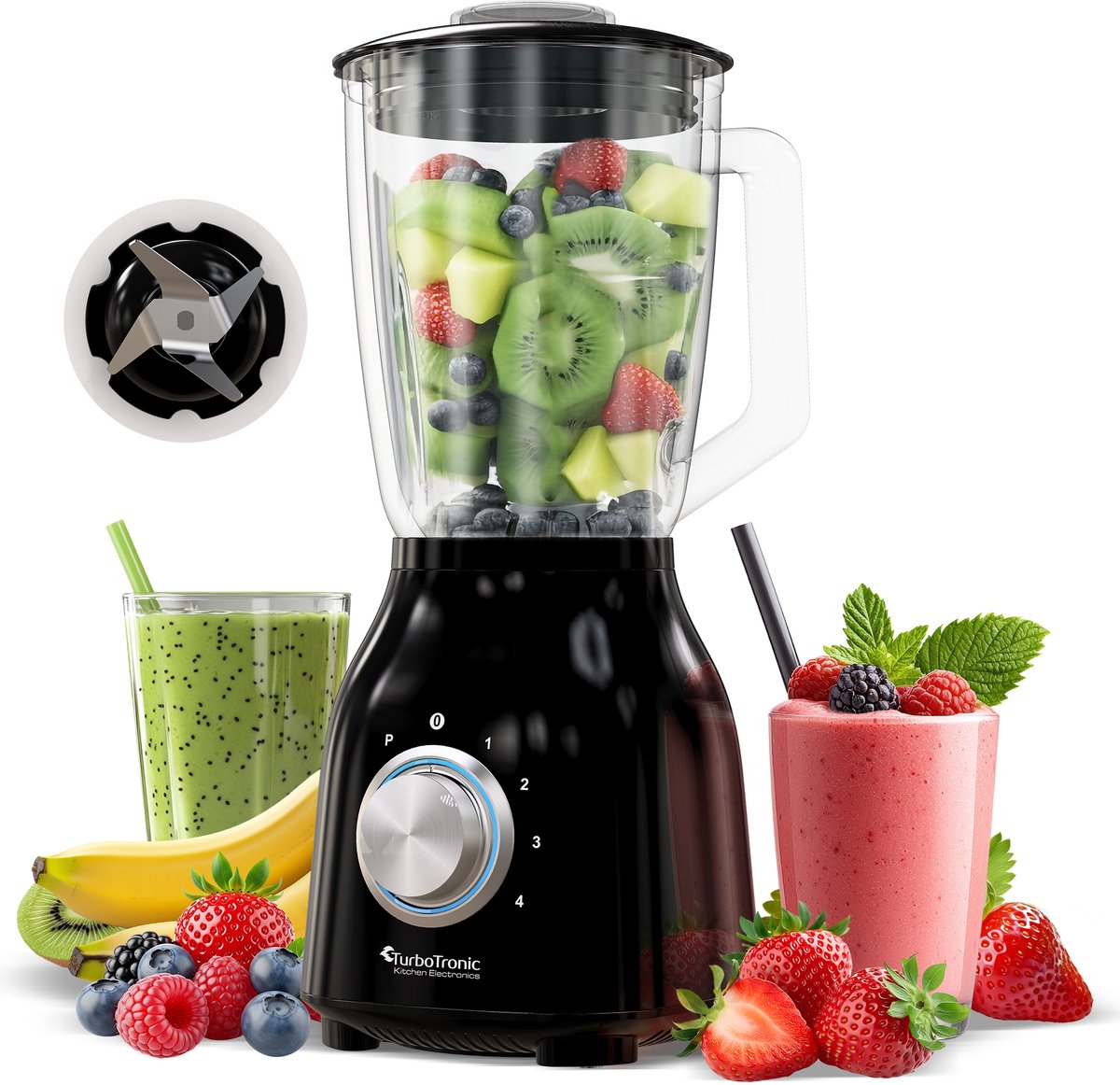 TurboTronic BG6 Blender - Met glazen kan - Smoothie blender - Smoothie maker - RVS Zwart