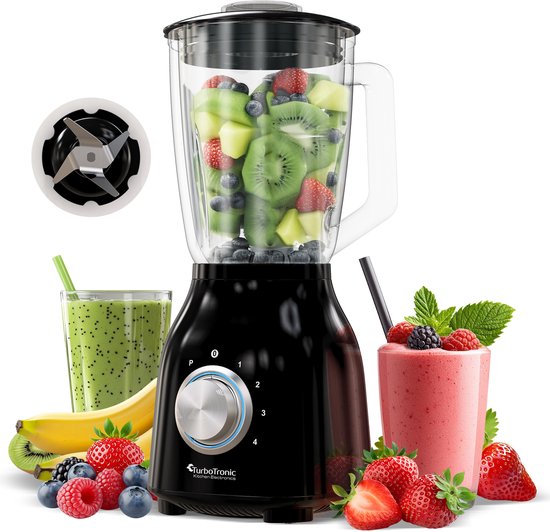 TurboTronic BG6 Blender - Met glazen kan - Smoothie blender - Smoothie maker - RVS Zwart