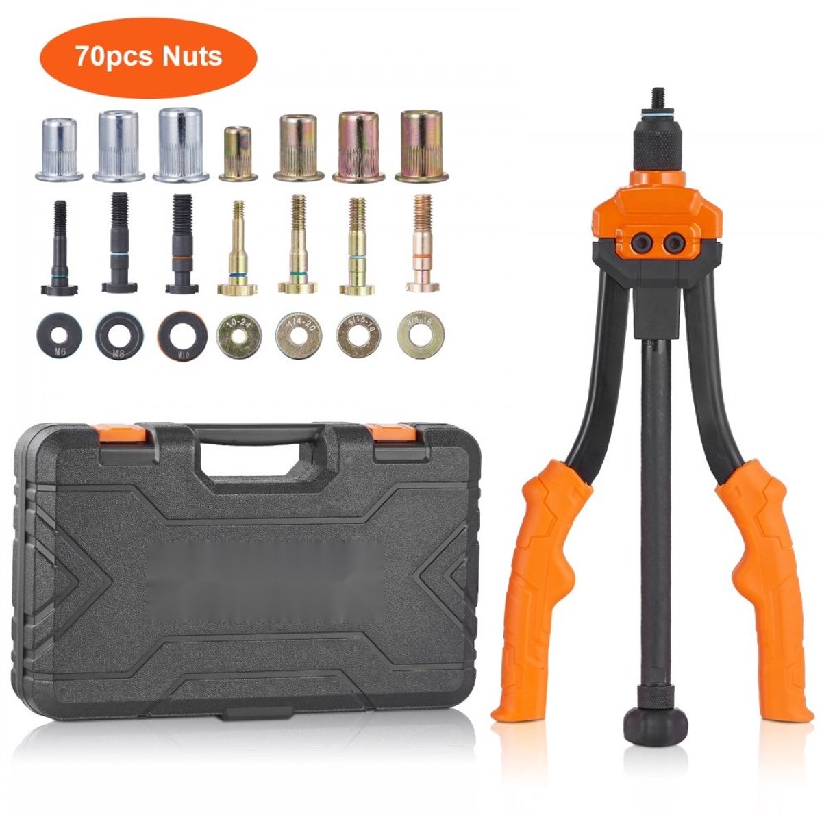 Blindklinkmoertangset - Hefboom klinkmoertang 350 mm - Met 7 doornen en moeren - Geschikt voor draadmoeren M6, M8, M10 - Ergonomische handgreep - Professioneel gereedschap