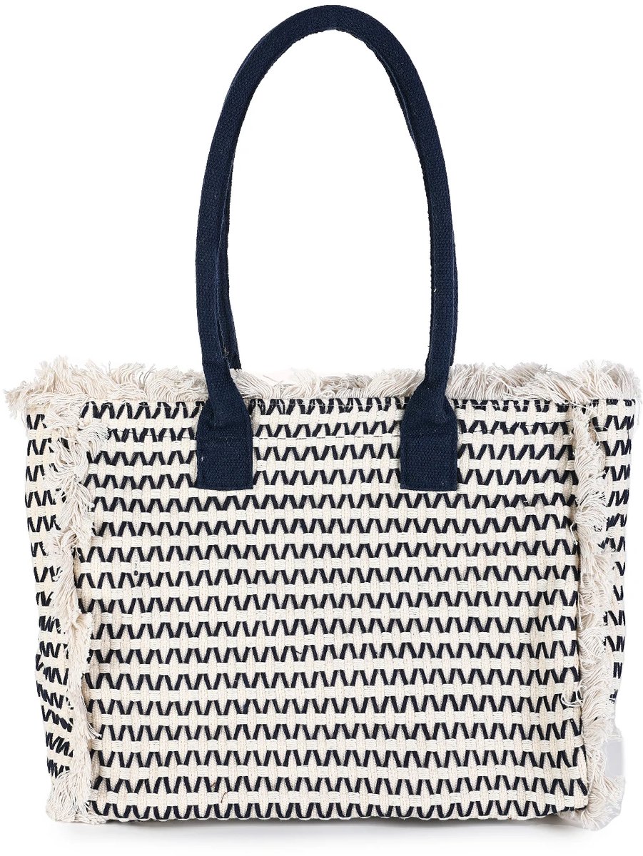 Shopper Tas - Handtas - Strandtas - Geweven - Trendy Tas - Met Open Top + Ritssluiting + Extra Ritsvakje - Creme/Zwart