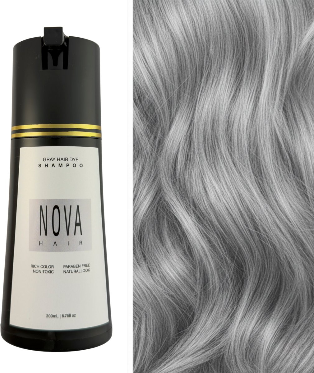 Nova Hair Instant Dye Shampoo Grijs - Rijk aan Natuurlijke Extracten - Dekking voor Grijs Haar - Kleur Shampoo voor man en vrouw - NovaHair - Nova Hair Shampoo Grijs - 200 ml