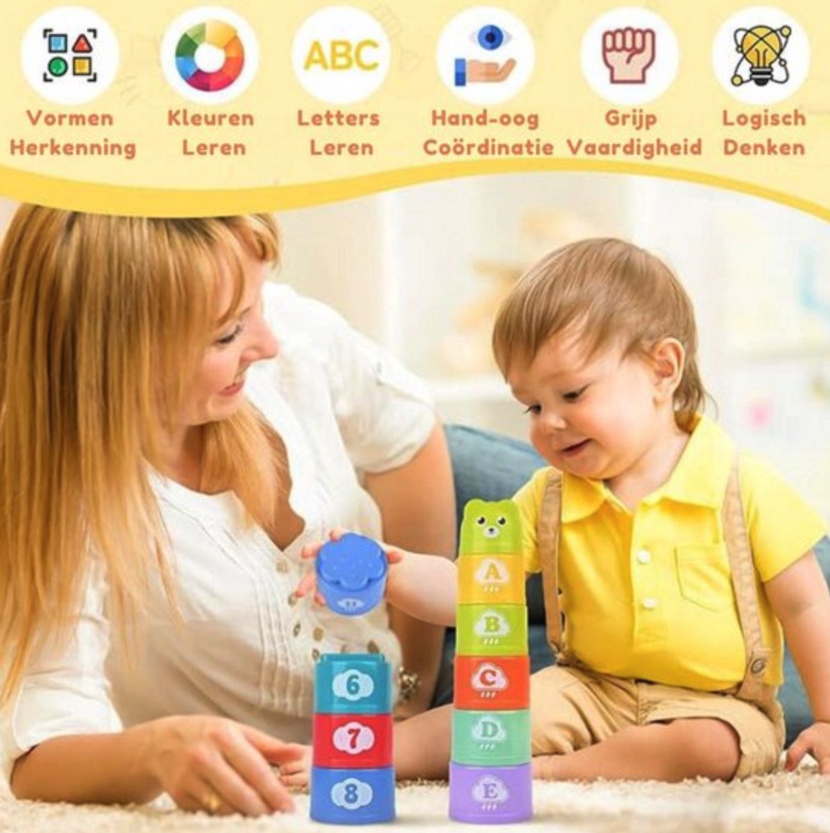 Baby Speelgoed - Speelgoed 1 Jaar - Montessori Speelgoed - Kinderspeelgoed - 2 in 1 Stapeltoren & Vormenstoof — afbeelding 4