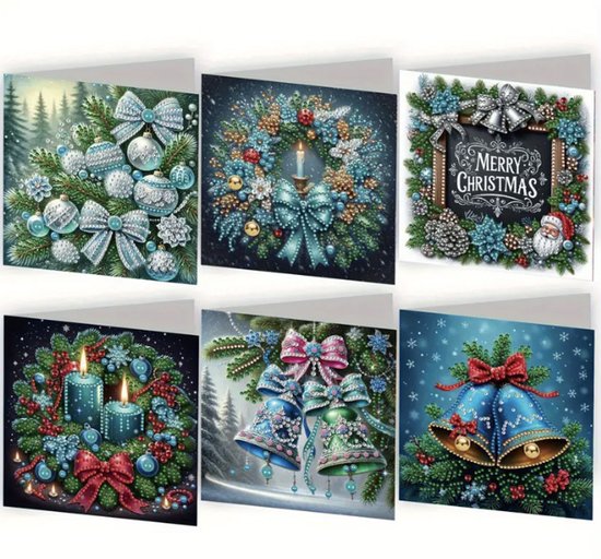 Zes kerstkaarten met diamantschilderij. Afbeeldingen van kerstkransen, bellen en strikken in blauw- en groentinten.