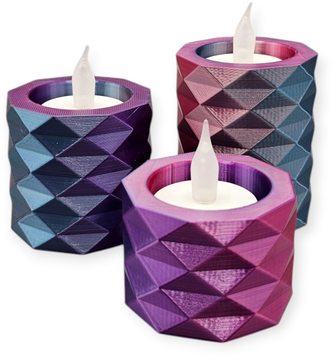 Layerzz - 3D-geprinte waxinelichthouders met LED lichtjes – moderne sfeerverlichting (niet geschikt tegen hitte) - set van 3 - meerkleurig Fire night (LIMITED EDITION)