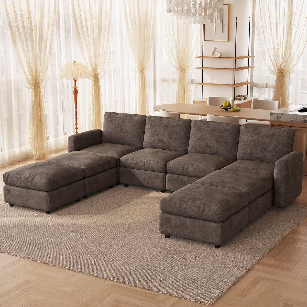 Guyii bank – Modulaire Hoekbank met Opbergruimte – Koffiekleurig Fluweel – Comfortabele 8-