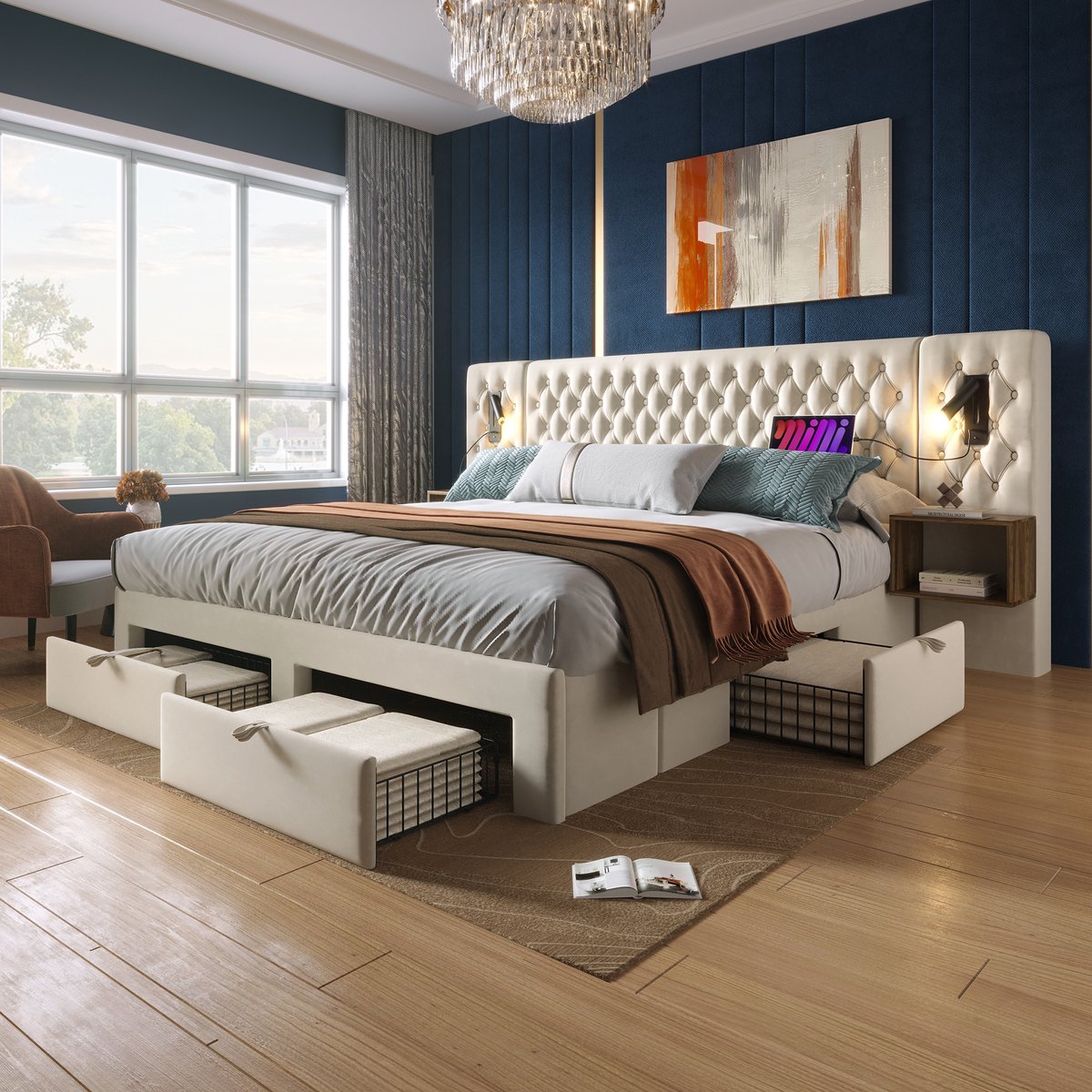 MODFU Tweepersoonsbed 160x200 cm – Fluweel beige – 2 nachtkastjes – 4 laden – Leeslamp – U