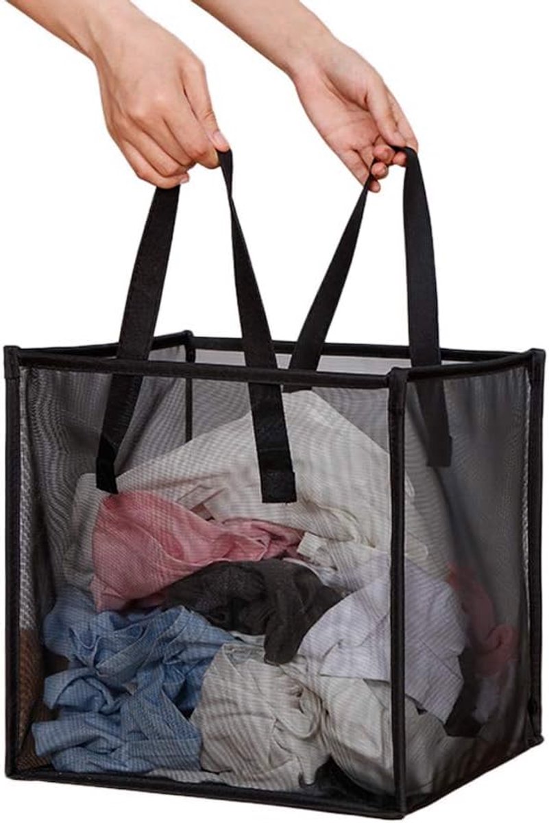 Wasmand - Mesh Wasmand - Wasmand Gaas - Draagbare Opvouwbare Mand - Wasmand opvouwbaar - Wasmand Zwart - Handvatten Opbergmand - Perfect voor Wasgoed - Feestdecoratie - Kerst (33x33x33cm)