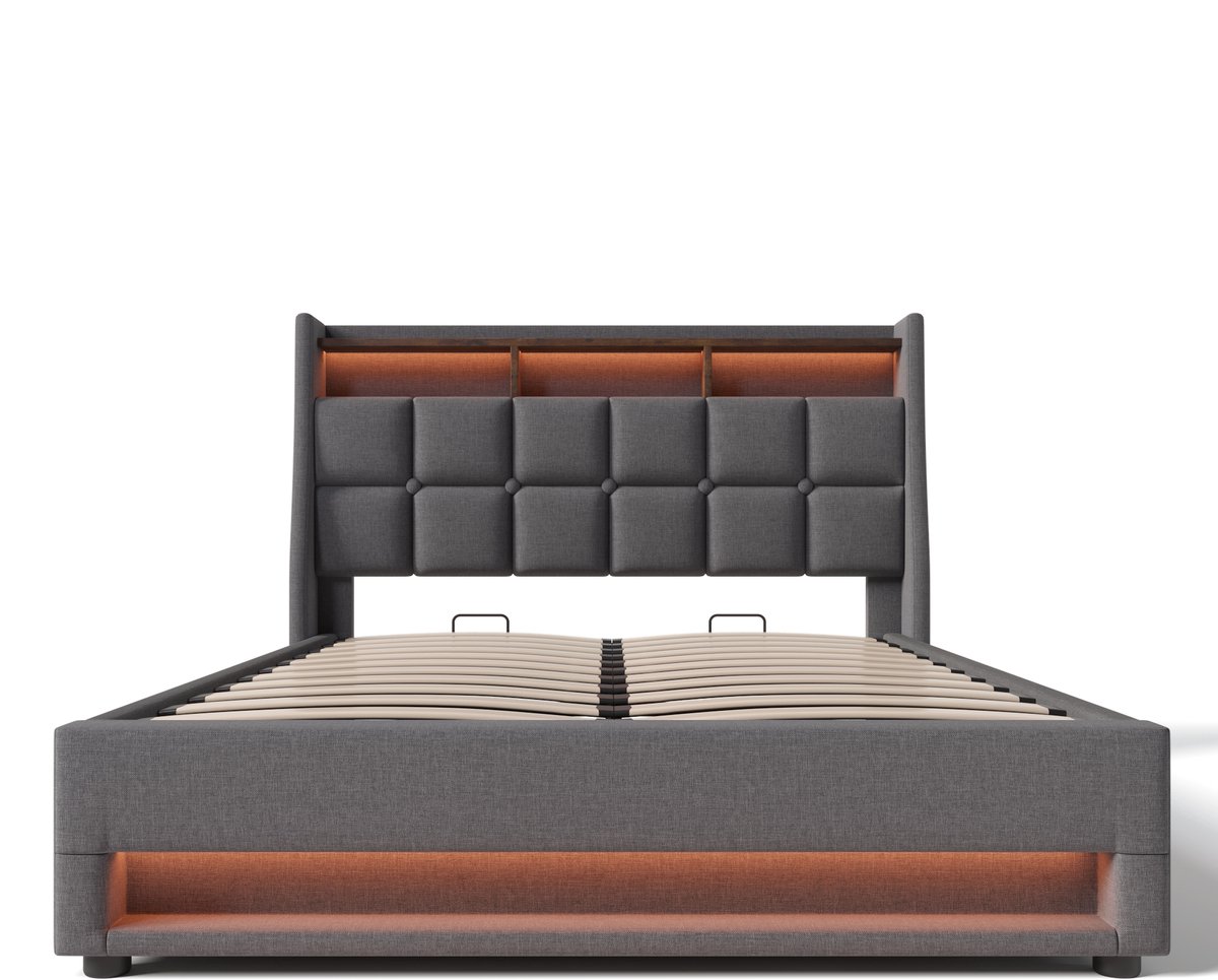 MODFU Linnen gestoffeerd tweepersoonsbed 160x200 met USB en LED, metalen lattenbodem, zonder matras