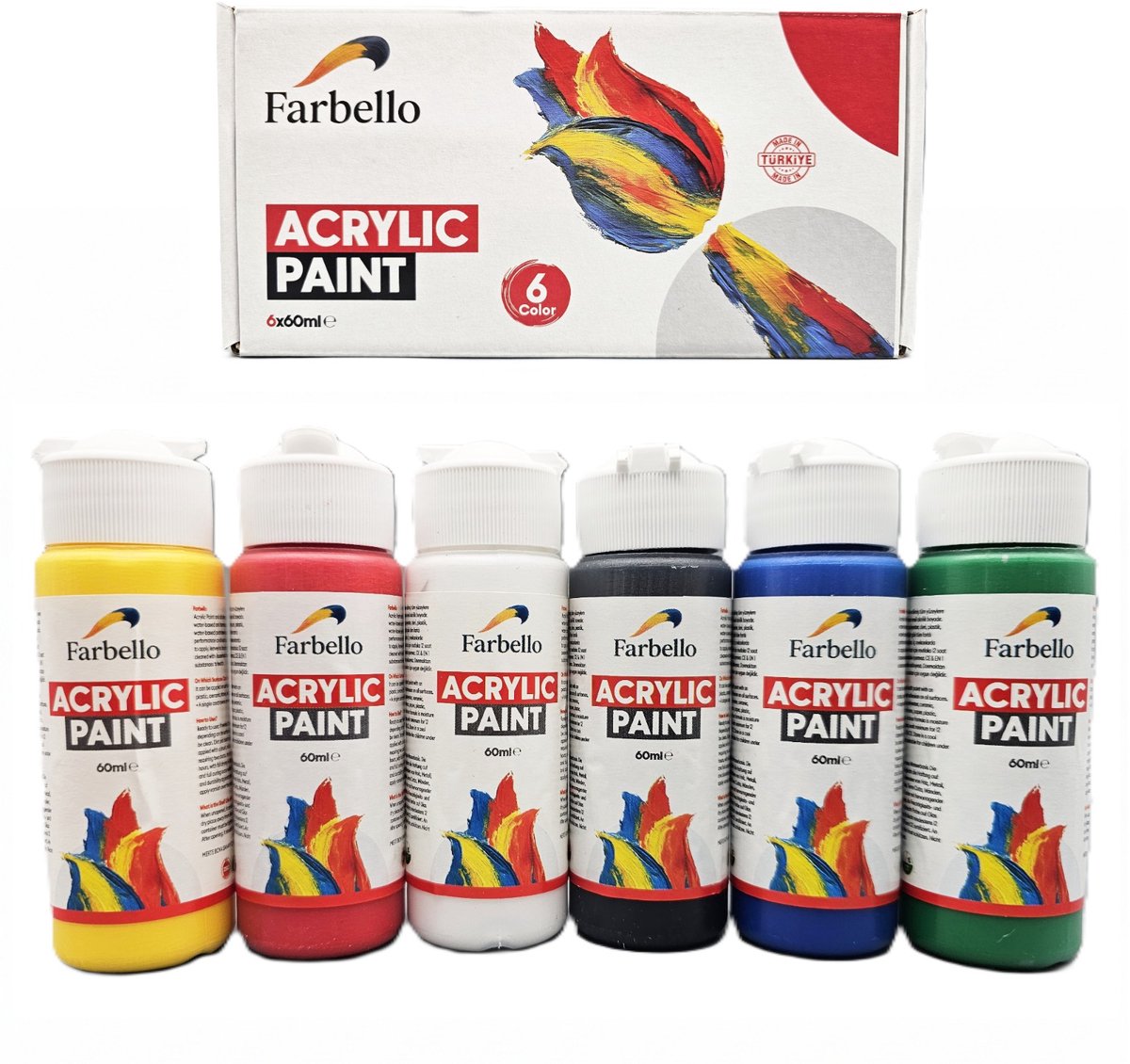 Farbello Acrylverf Set- 6 kleuren*60 ml., Sterk gepigmenteerde, Niet giftige verf op waterbasis, voor canvas, hout, steen, papier en metaal.