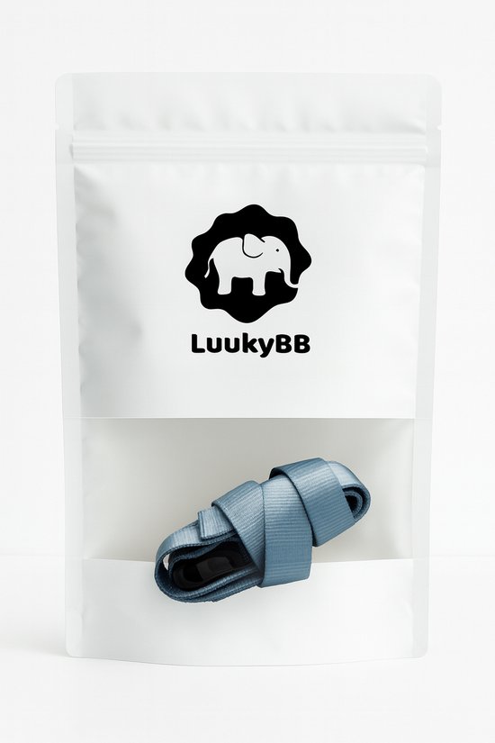 Blauwgrijze draagriem met LuukyBB-logo, verpakt in een hersluitbare zak.