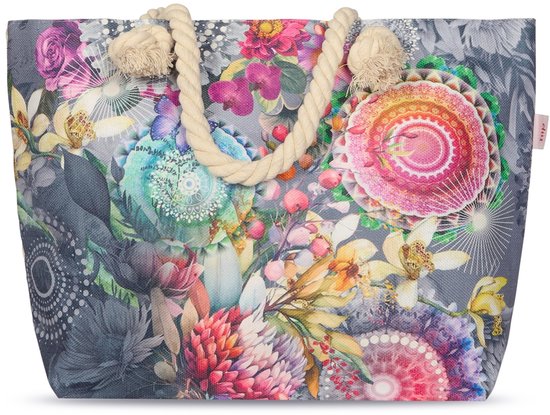 HIP Strandtas 43x60 cm - Mandala en Bloemenprint - Grijs - Oeko-Tex Gecertificeerd - Polyester Linnen - Stijlvolle Strandtas met Touw Handvat