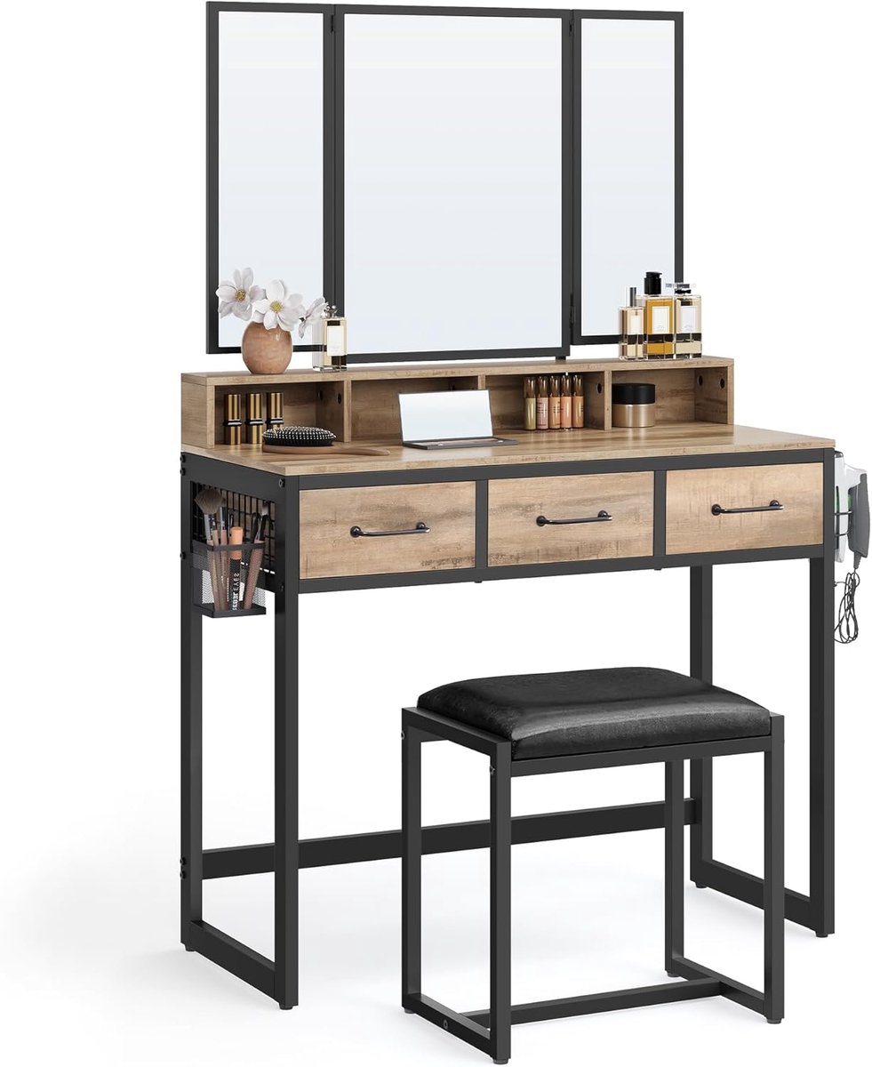Vasagle Make-uptafel met 3 Spiegels & Kruk - Industriële Kaptafel - Bruin/Zwart
