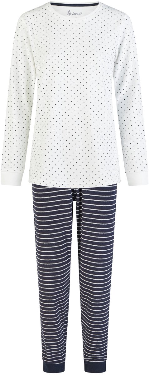 By Louise Dames Winter Pyjama Set Lang Badstof Wit/Donkerblauw Gestreept