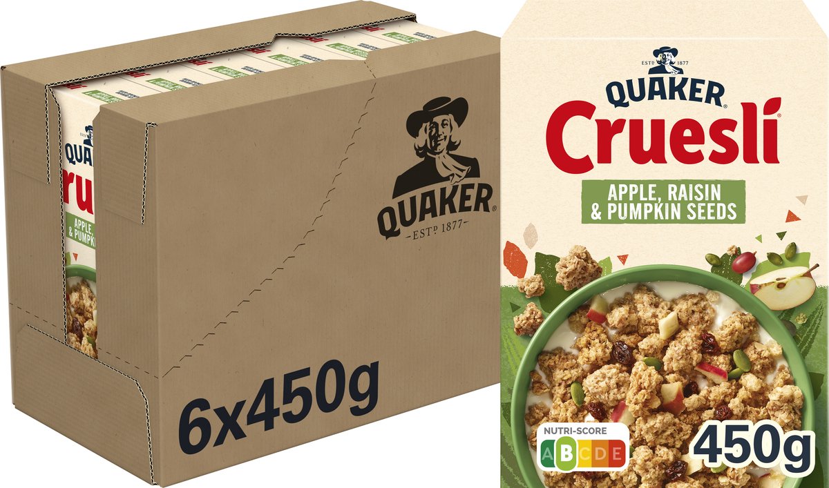 Quaker Cruesli - Ontbijtgranen - Appel & Rozijn - 450 gr - Doos 6 pak