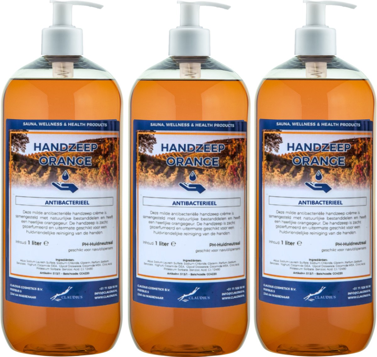 Handzeep Orange 1 liter - set van 3 stuks - met gratis pomp - Voordeelverpakking