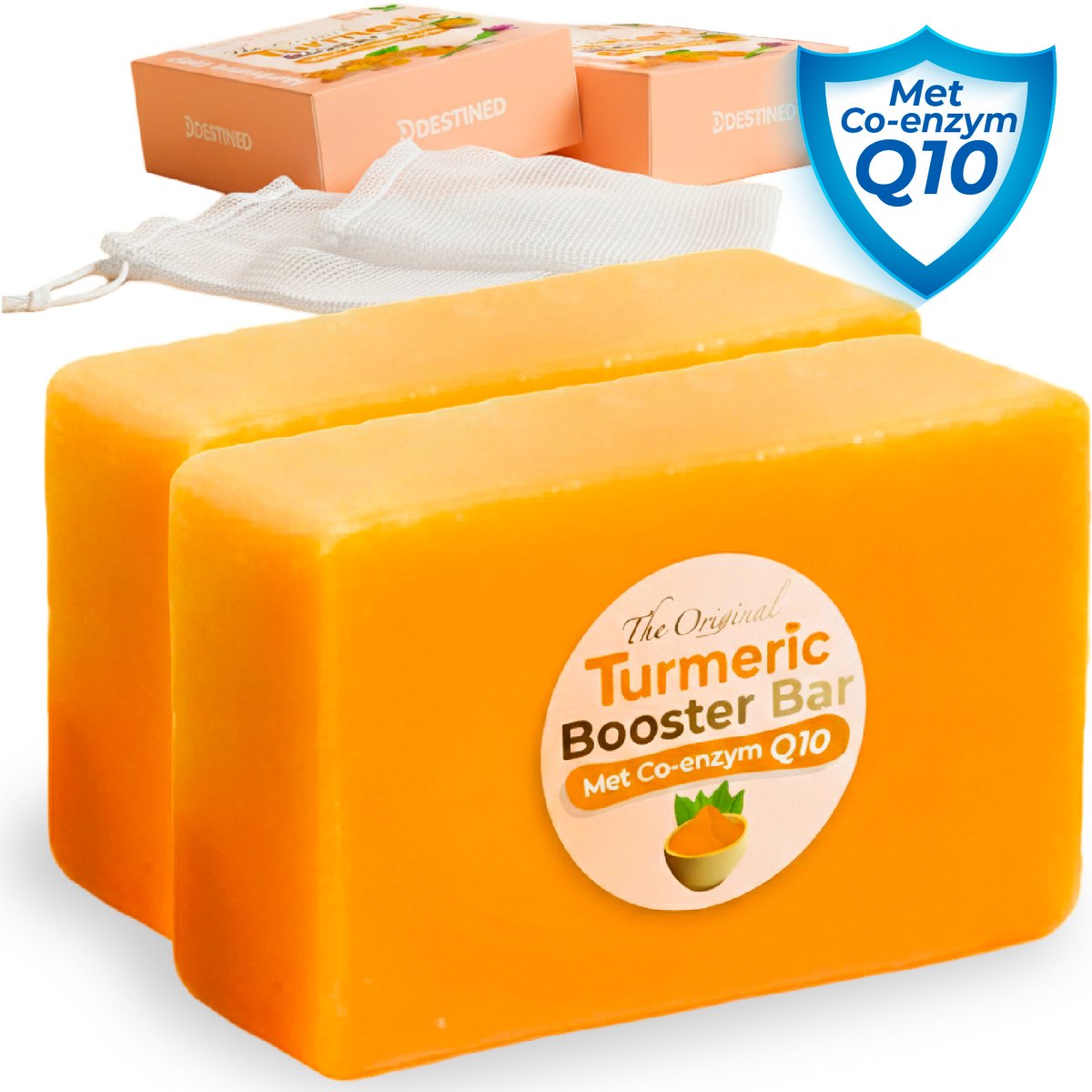 Destined® Q10 Turmeric soap 1+1 Duo-Pack - Collageen Booster Bar - Kurkuma zeep - Dark spot remover / Pigmentvlekken verwijderen - Anti Acne- Anti Littekens - Met CoQ10 Anti Rimpel & Celvernieuwing - Alternatief Kojic Acid zeep - 280g