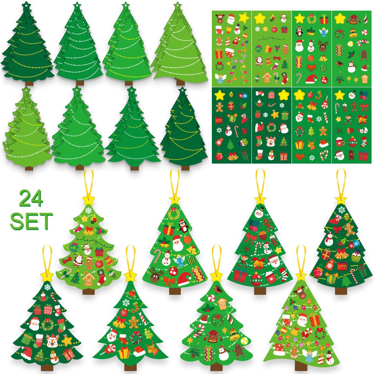 Mmgoqqt 24-Stuks DIY Karton Kerstboom Versiering Set - Met Sticker En Gouden Lint - Voor Kinderen - Klasactiviteiten - Feestcadeaus