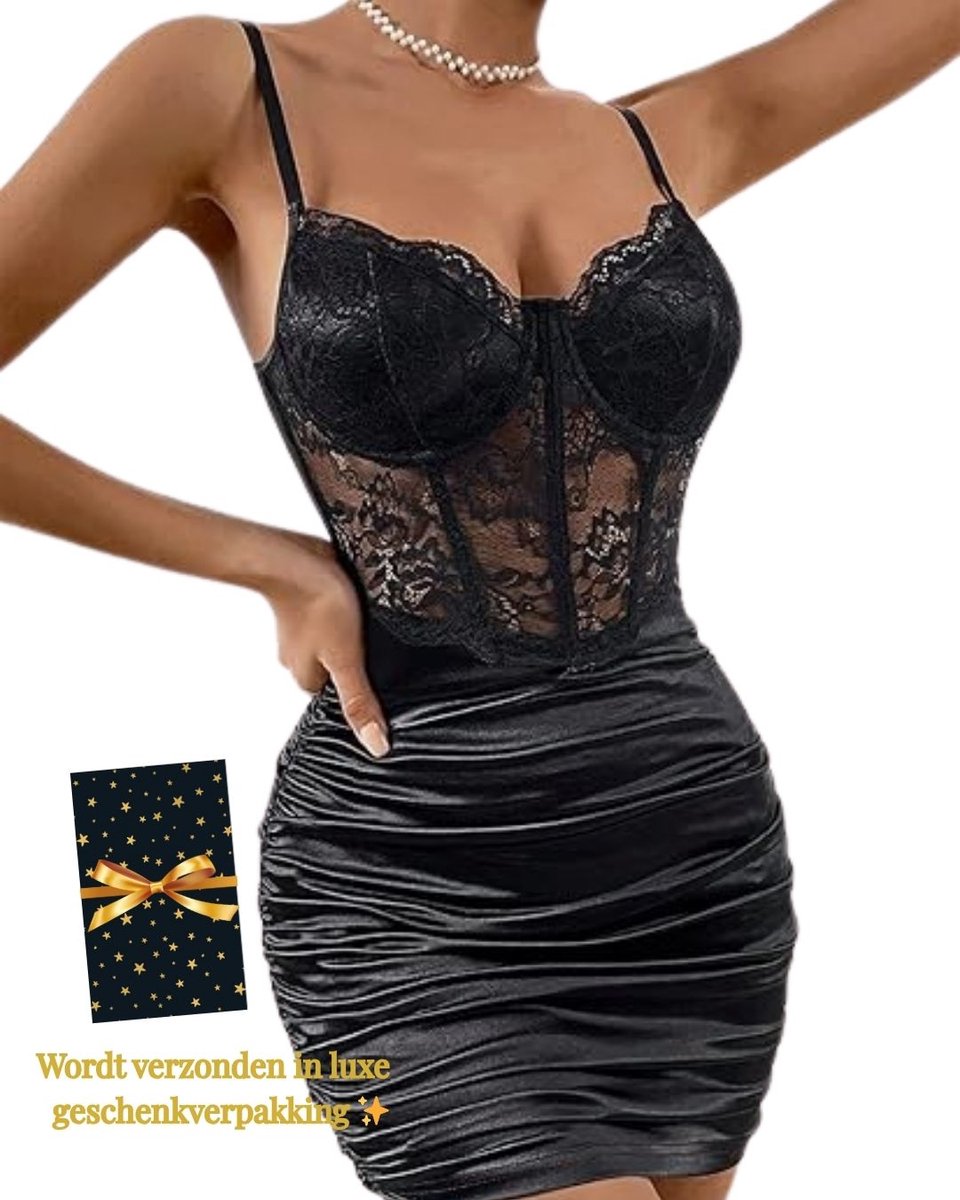 Sexy Zwarte Jurk Dames – Sexy Lingerie – Erotische lingerie – Lingerie Erotisch – Kant & Satijn Bodycon Jurk – Boudoir Lingerie Look – Corset Jurk – Madam Hommard – Clubwear – Festival Verleidelijke Mini Dress – Dare to Undress – Maat XS, S, M, L, XL