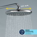 Een chromen douchekop van 250 mm diameter met waterstralen, met tekst 'GROHE SPEEDCLEAN'.