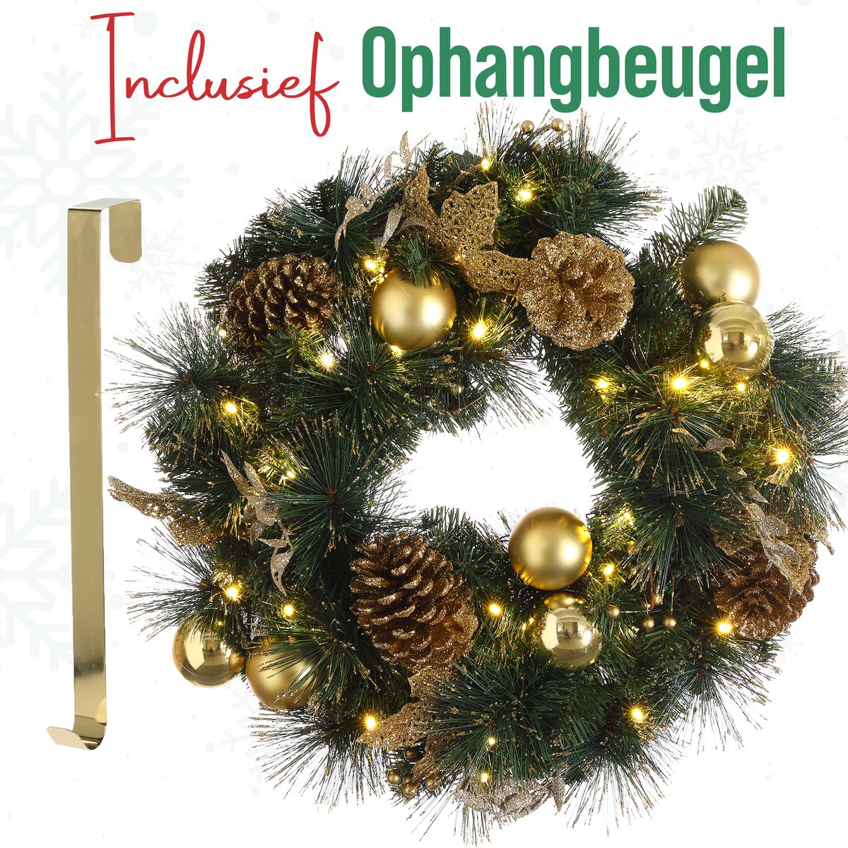 Meisterhome Kerstkrans – Dennenkrans 50 Cm Met Gouden Hanger, Voor Deur Of Haard