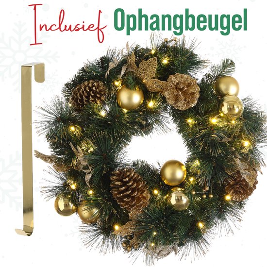 Meisterhome Goud Kerstkrans van 50 cm - Inclusief Ophangbeugel en 35 Warmwitte LED's + Timer - Dennenappels kerstkrans met Verlichting - Kerstkransen - met Lampjes voor Buiten - Christmas - Kerstmis - Voordeur - Krans - kerstversiering