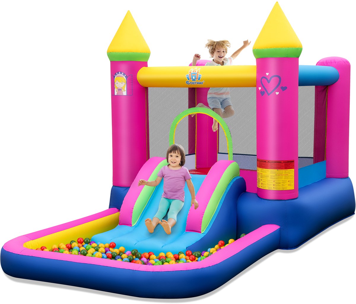 COSTWAY Springkasteel met glijbaan, springgebied, ballenbad en basketbalmand, voor binnen en buiten, incl. draagtas, reparatieset, 363 x 202 x 205 cm
