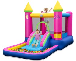 COSTWAY Springkasteel met glijbaan, springgebied, ballenbad en basketbalmand, voor binnen en buiten, incl. draagtas, reparatieset, 363 x 202 x 205 cm