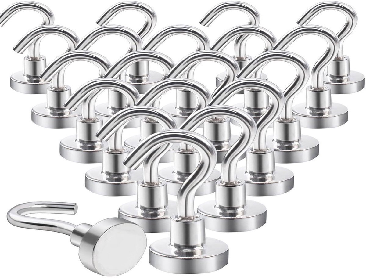 Magneethaken, extra sterk - 10 kg - neodymium magneten met haken - 20 stuks - magnetische haken - stansvrij - voor ijzeren deuren - koelkasten - keukens - kledingrek - kantoor - magneethaken - zilver